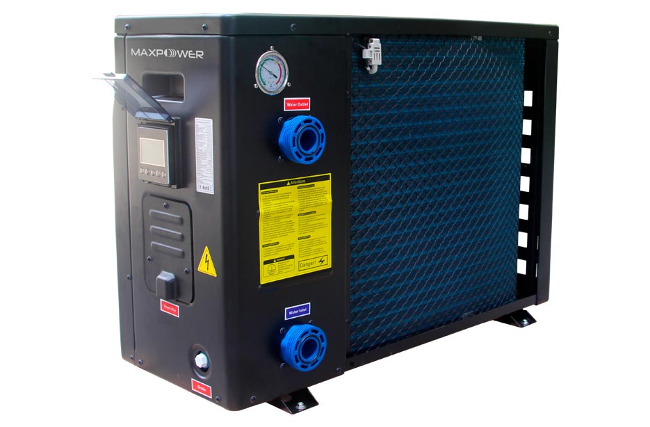 Bomba de calor MaxPower Full Inverter com controlador digital e trocador lateral para aquecimento de piscinas.