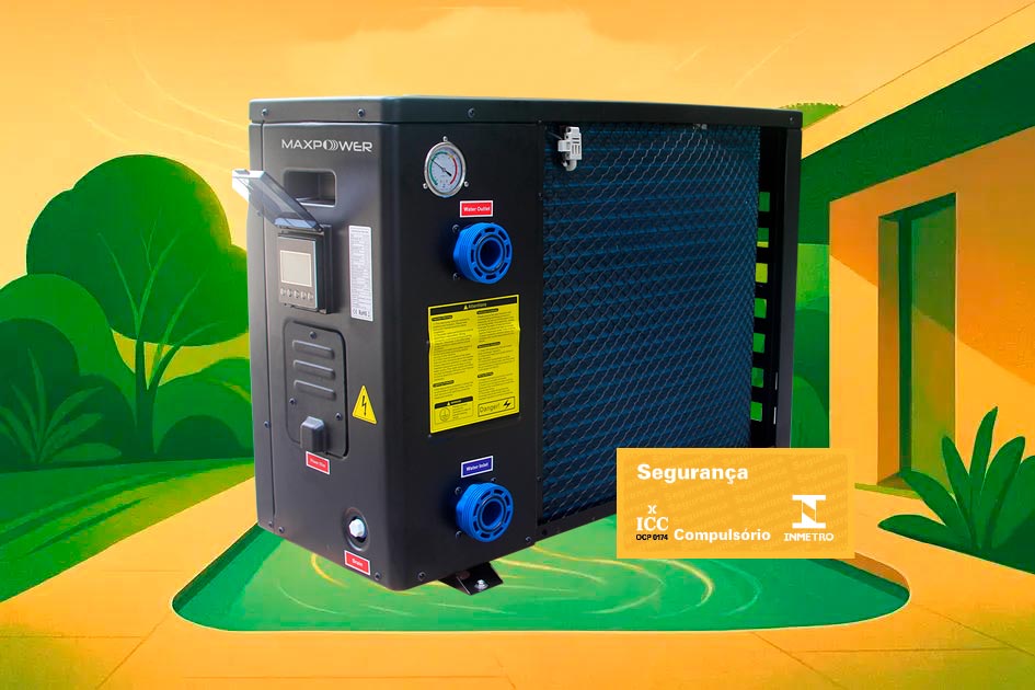 Bomba de calor Full Inverter MaxPower para aquecimento de piscinas, com design robusto, alta eficiência energética e certificação de segurança INMETRO.